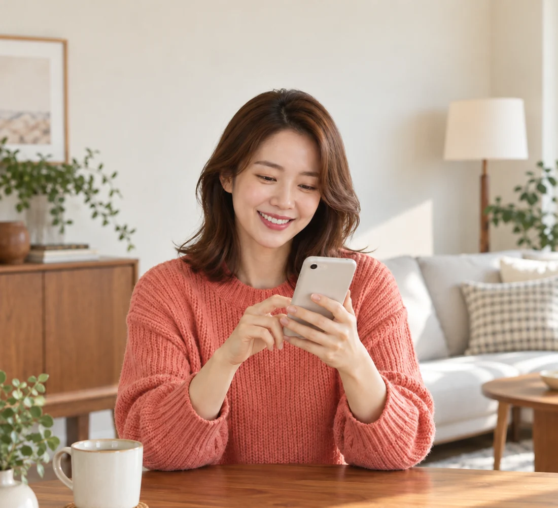 밝은 상담실에서 휴대전화로 문자 상담을 하며 웃는 고객